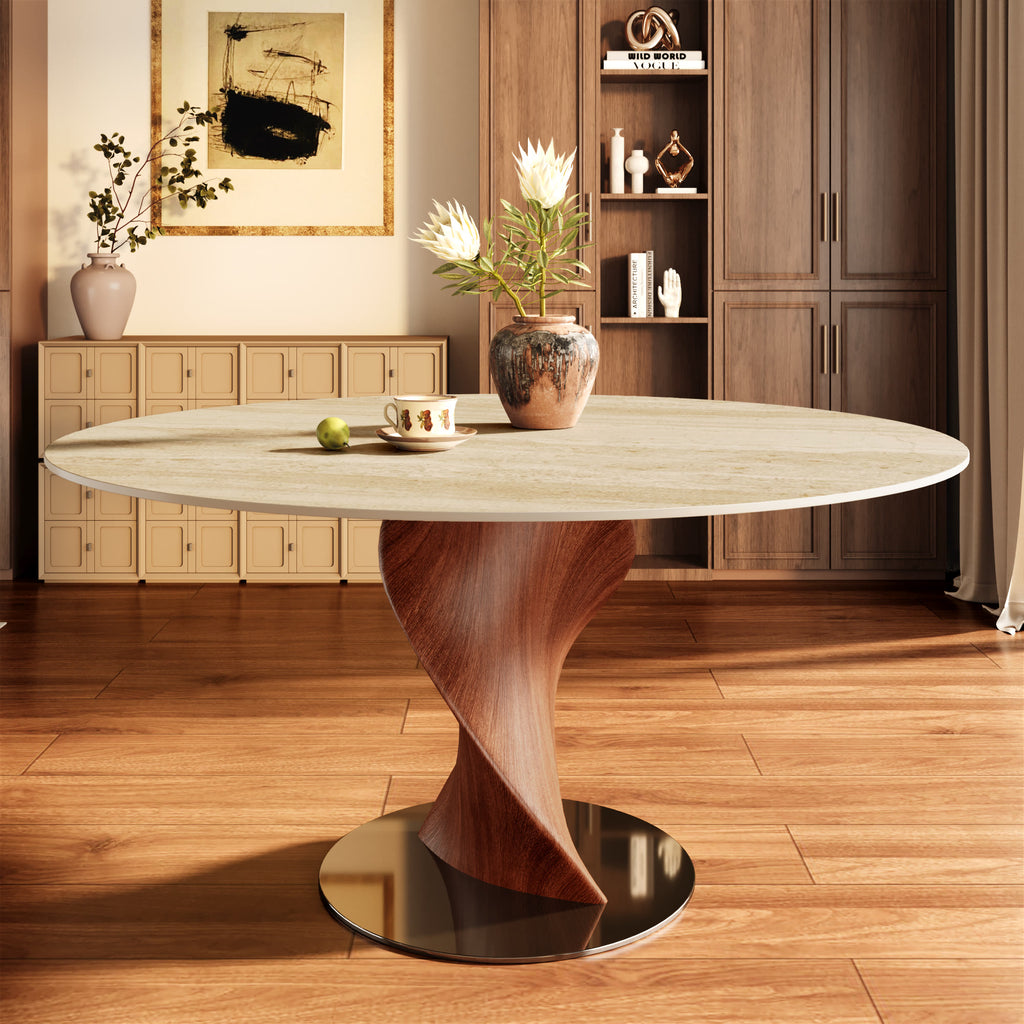 Mid-Century Modern Round Dining Table with Twisted Solid Wood Base & Sintered Stone Top - Travertine - 59" Table - image 10