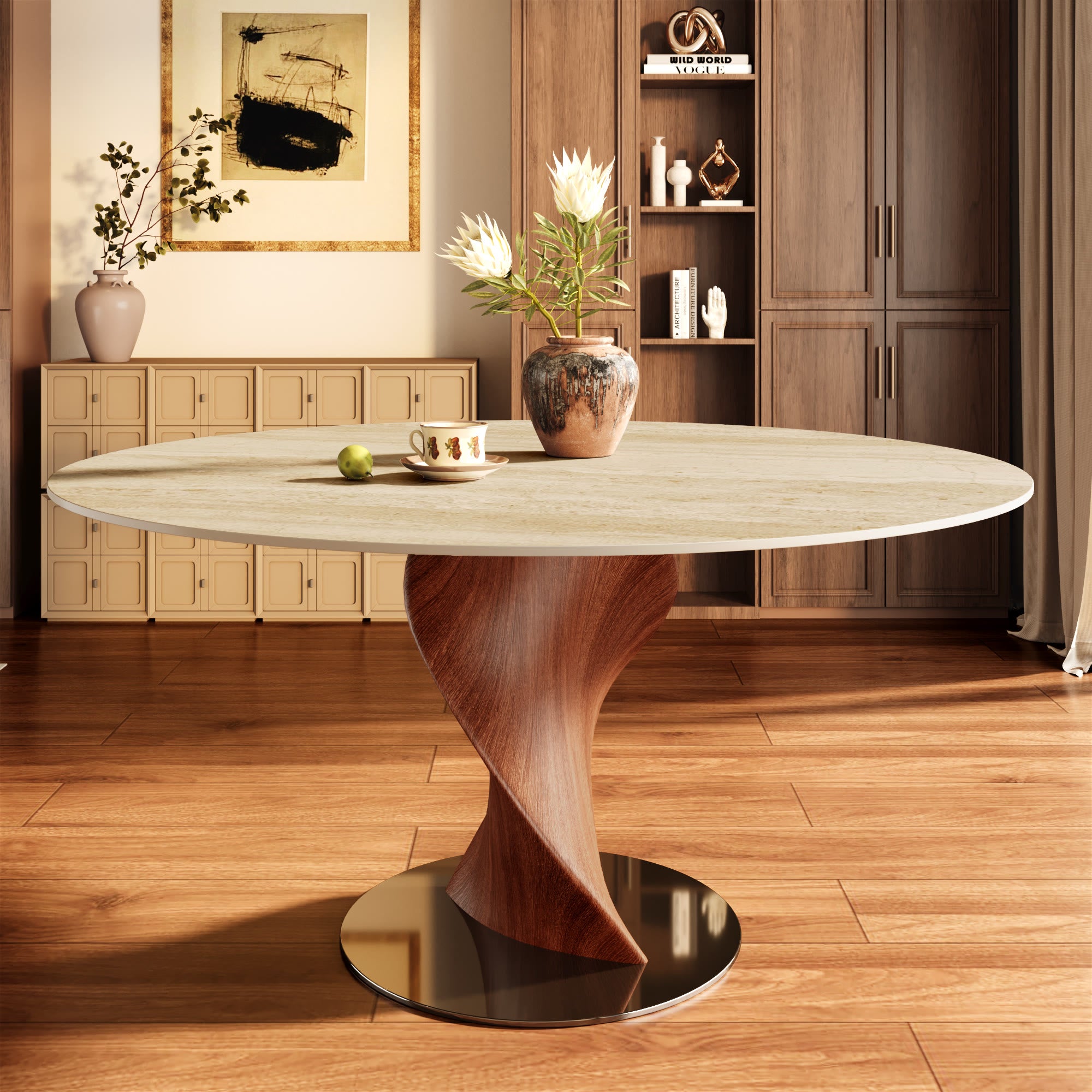 Mid-Century Modern Round Dining Table with Twisted Solid Wood Base & Sintered Stone Top - Travertine - 59" Table - image 10