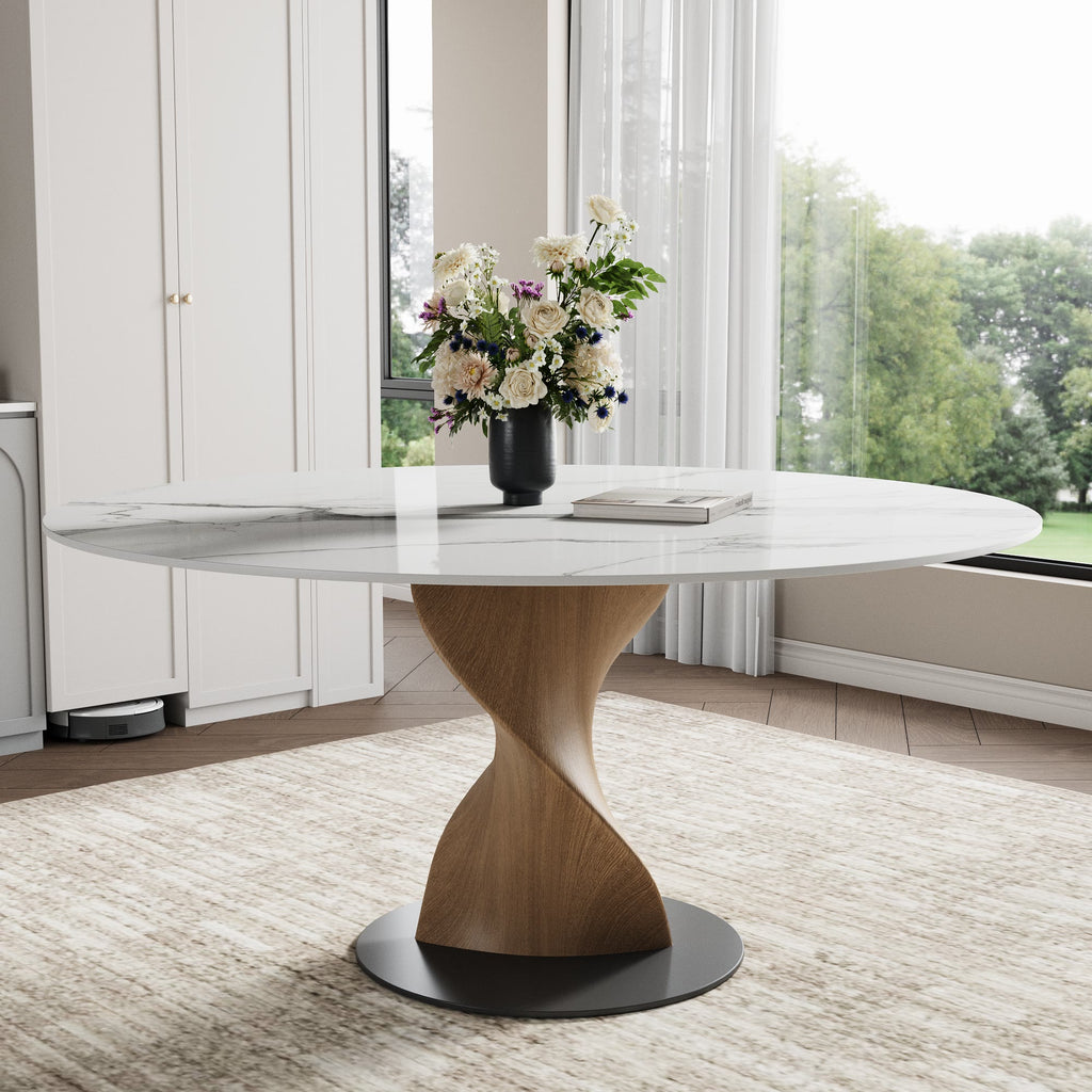 Mid-Century Modern Round Dining Table: Artistic Twisted Walnut Base & Sintered Stone Top - Snowy White - 59" Table - image 0