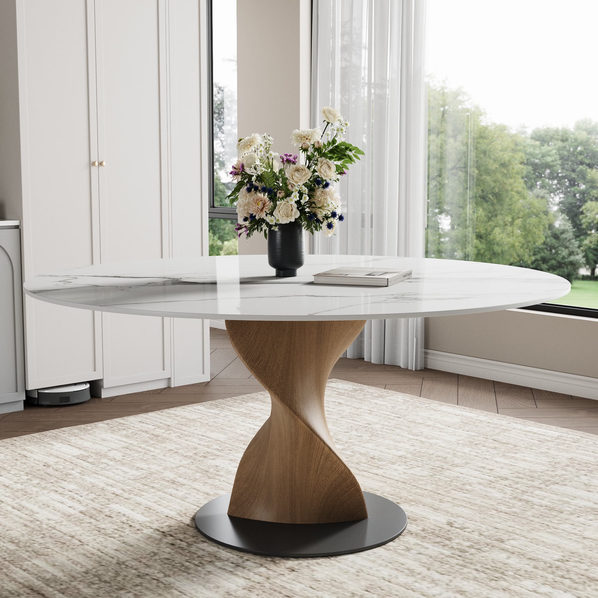 Mid-Century Modern Round Dining Table: Artistic Twisted Walnut Base & Sintered Stone Top - Snowy White - 59" Table - image 0