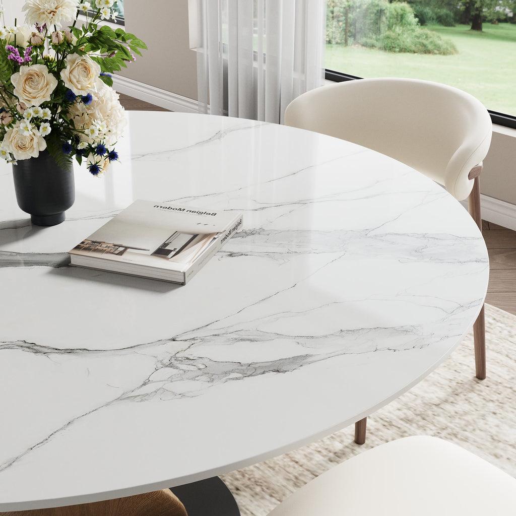 Mid-Century Modern Round Dining Table: Artistic Twisted Walnut Base & Sintered Stone Top - image 1