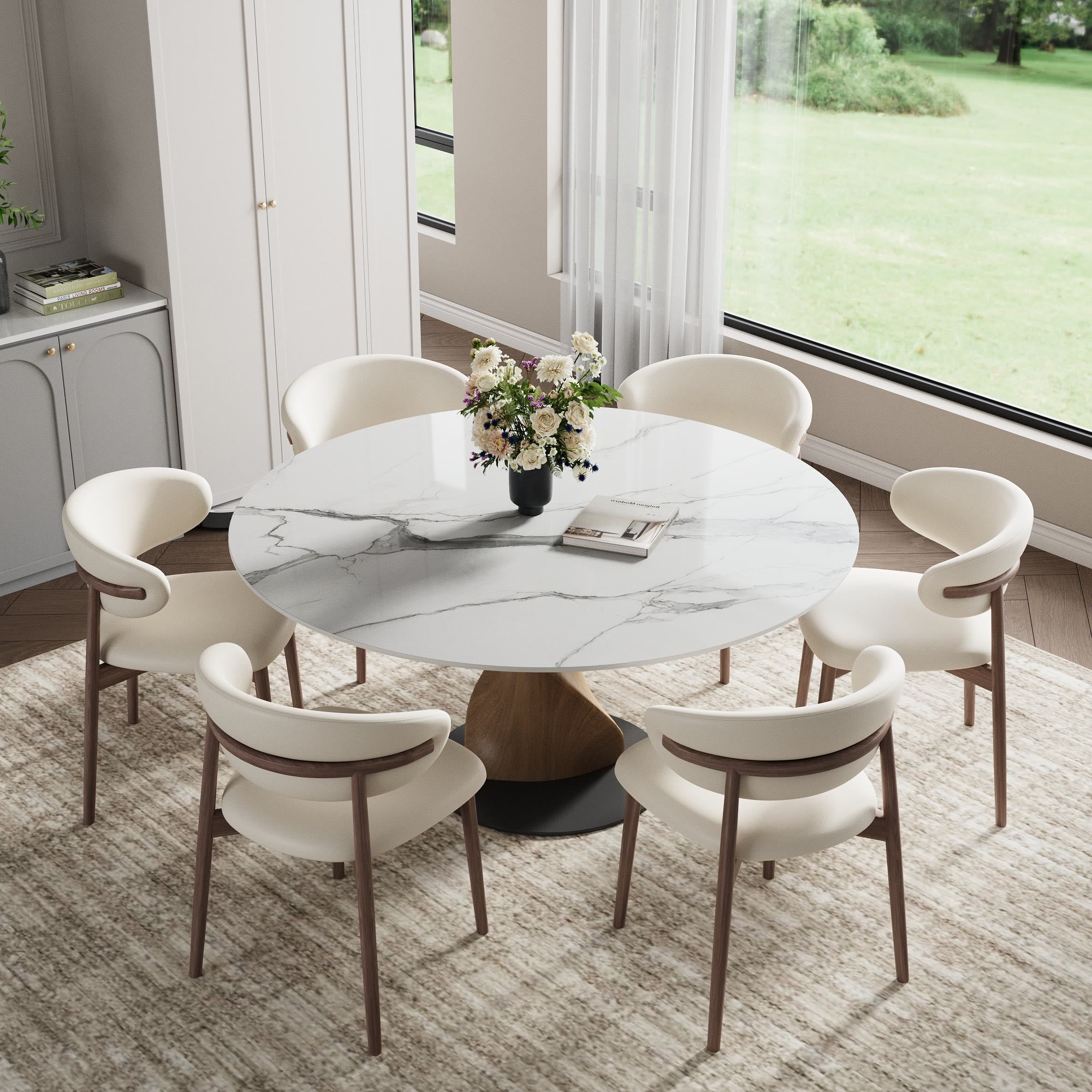 Mid-Century Modern Round Dining Table: Artistic Twisted Walnut Base & Sintered Stone Top - image 3
