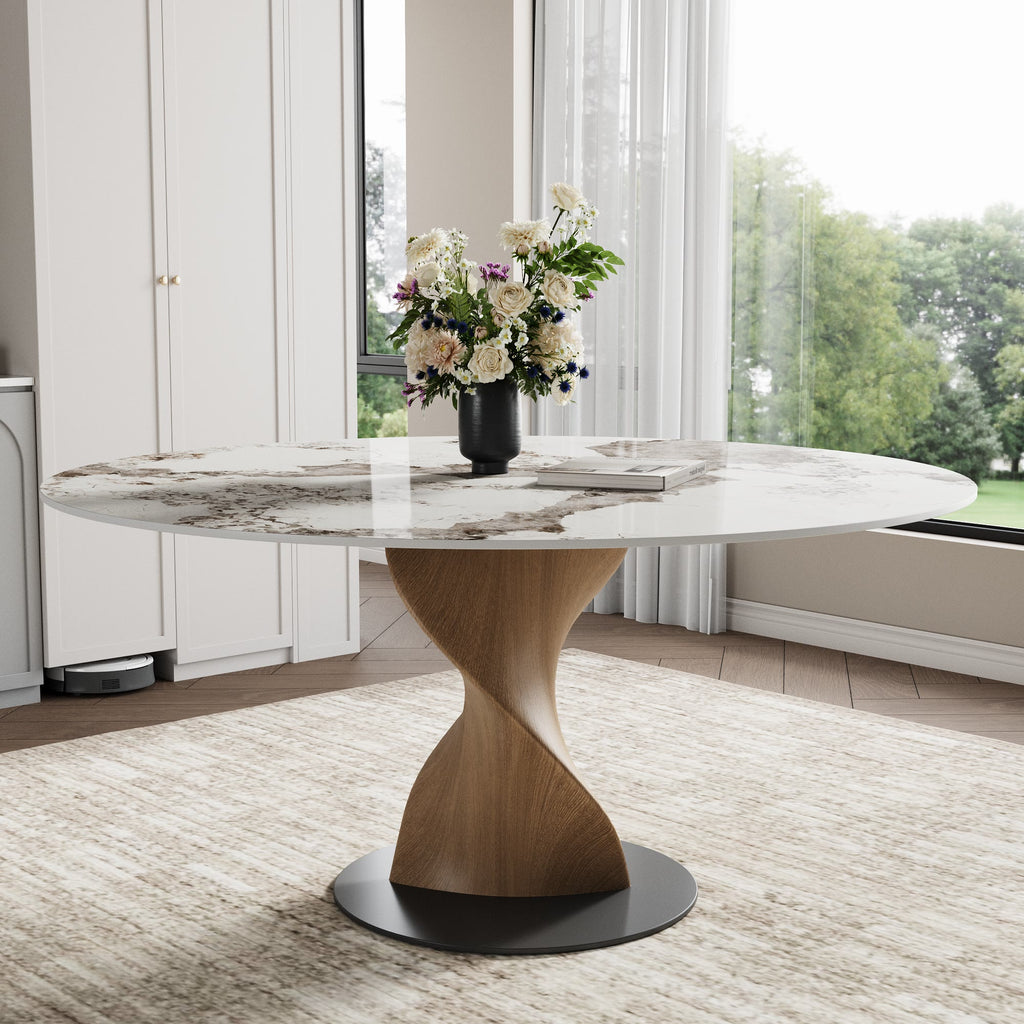 Mid-Century Modern Round Dining Table: Artistic Twisted Walnut Base & Sintered Stone Top - Pandora - 59" Table - image 4