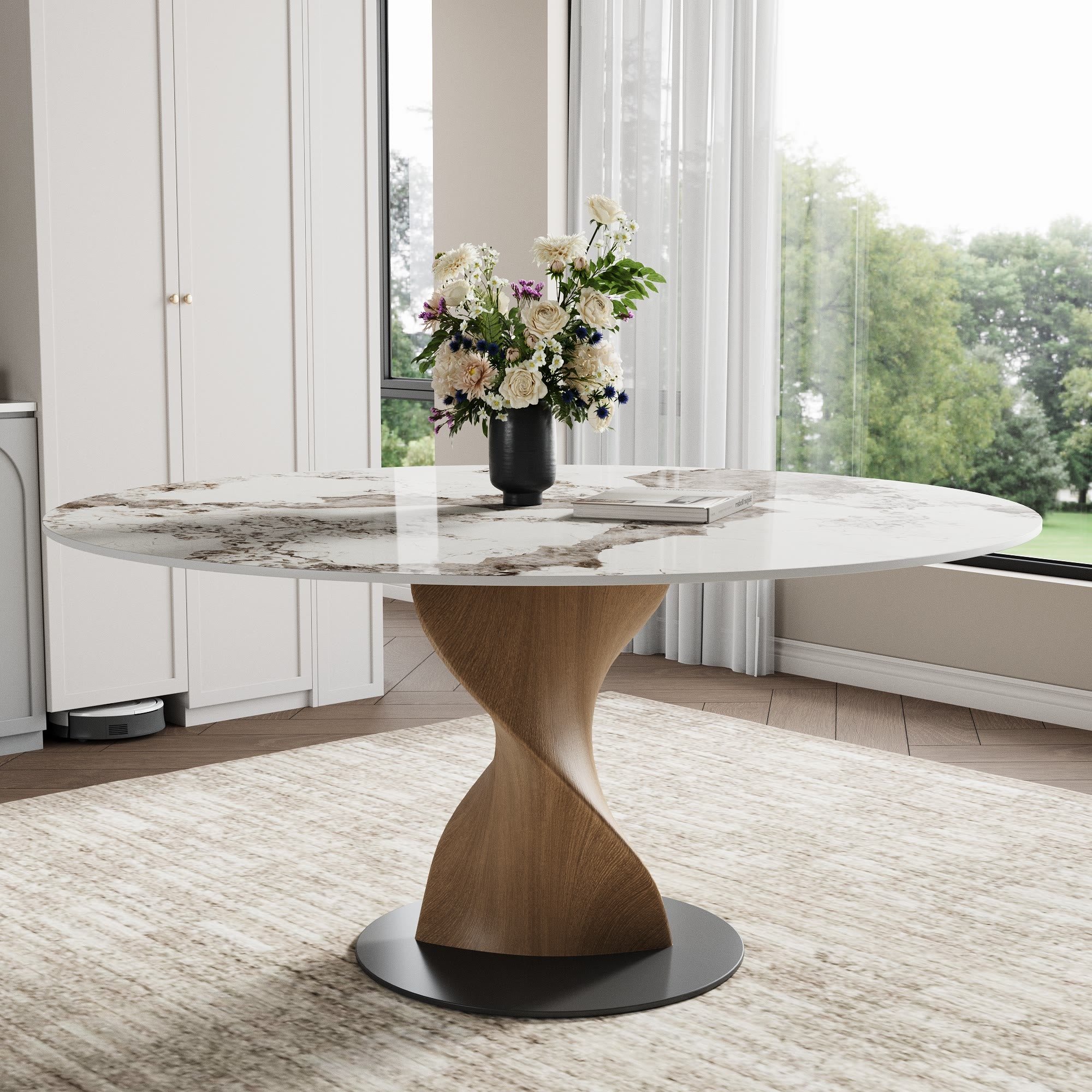 Mid-Century Modern Round Dining Table: Artistic Twisted Walnut Base & Sintered Stone Top - Pandora - 59" Table - image 4
