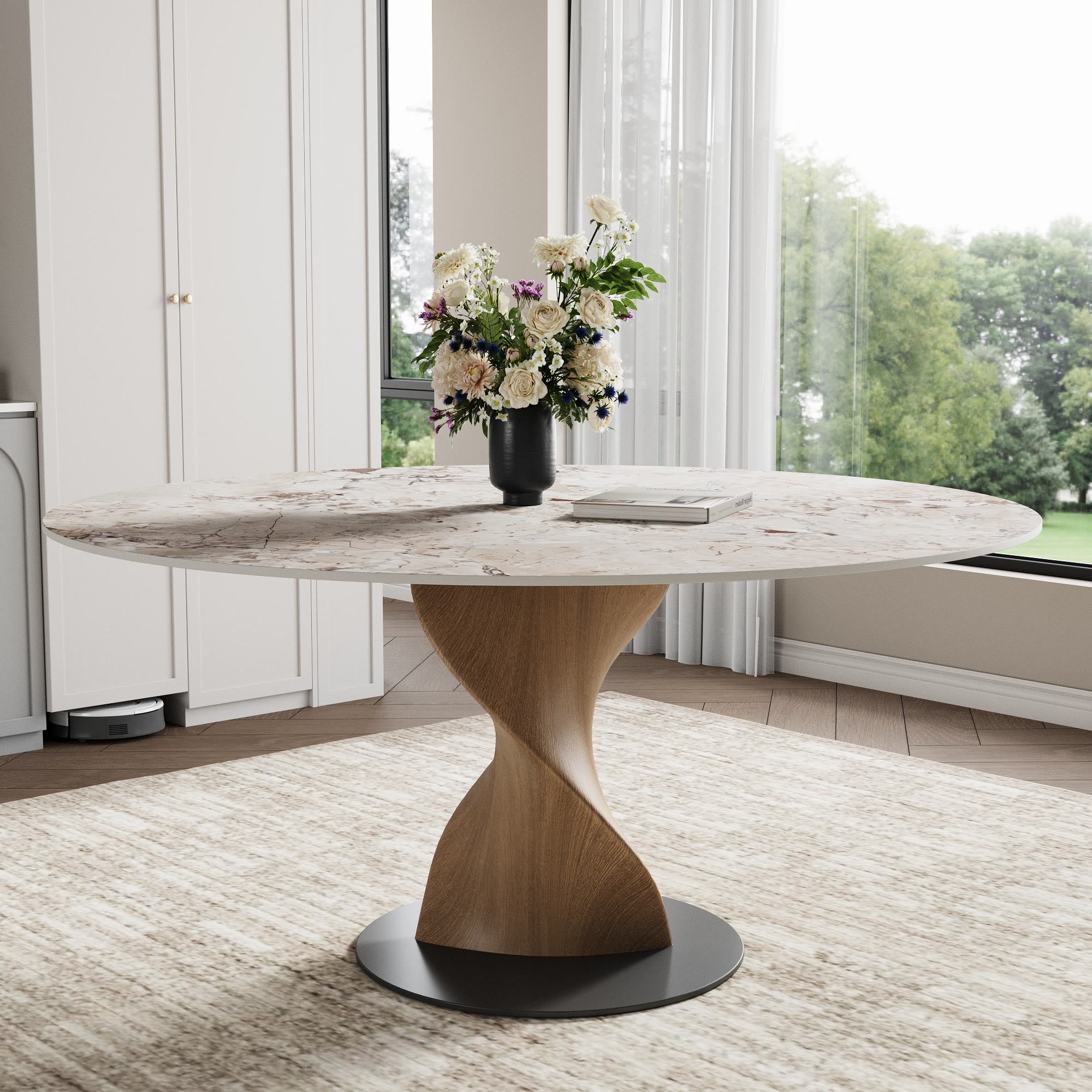 Mid-Century Modern Round Dining Table: Artistic Twisted Walnut Base & Sintered Stone Top - Creamy - 59" Table - image 7