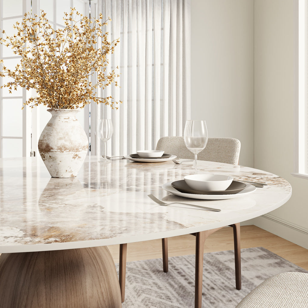 Soluna Dark Walnut Round Solid Wood Pedestal Dining Table with Snow White & Pandora Stone Top - image 12