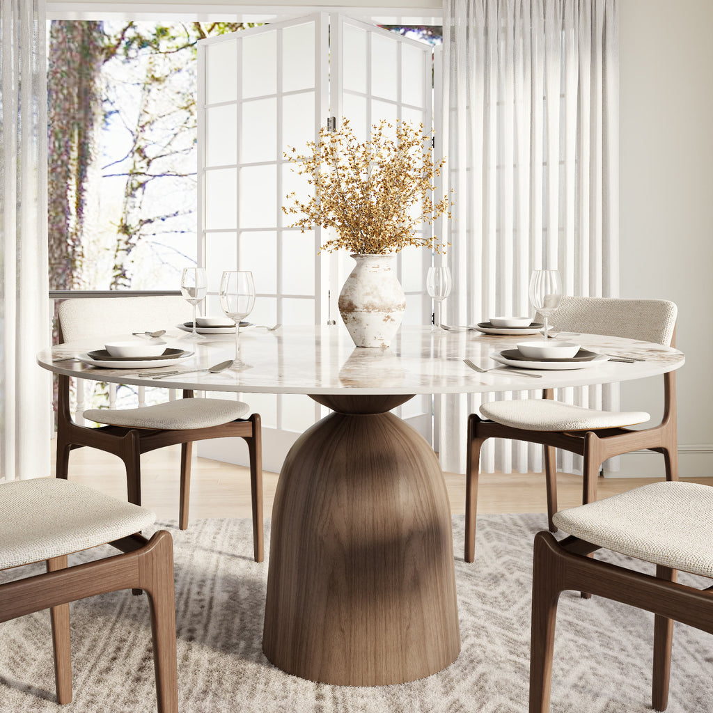 Soluna Dark Walnut Round Solid Wood Pedestal Dining Table with Snow White & Pandora Stone Top - 59.05'' W X 59.05'' D X 29.53'' H - Pandora - image 9
