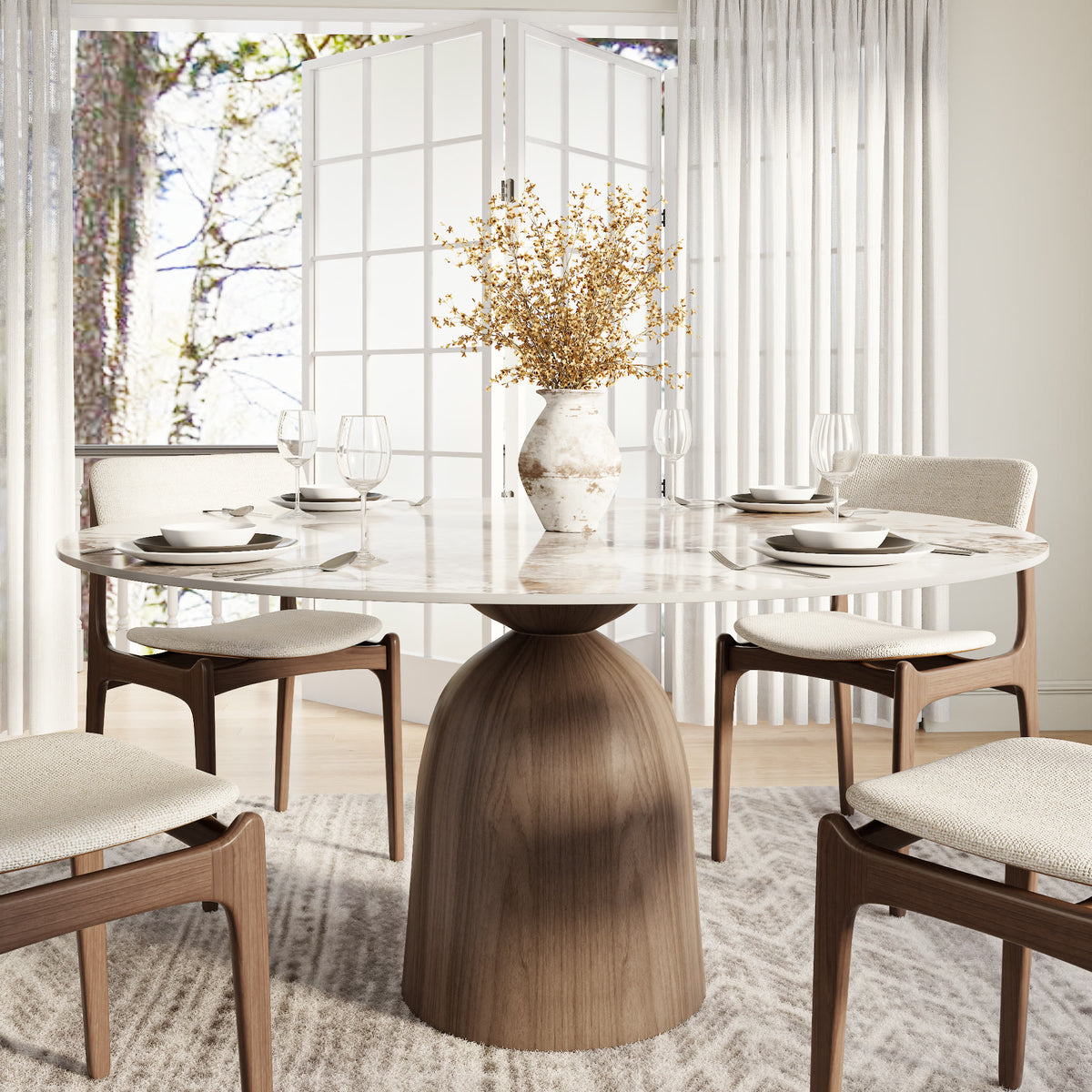 Soluna Dark Walnut Round Solid Wood Pedestal Dining Table with Snow White & Pandora Stone Top - 59.05'' W X 59.05'' D X 29.53'' H - Pandora - image 9