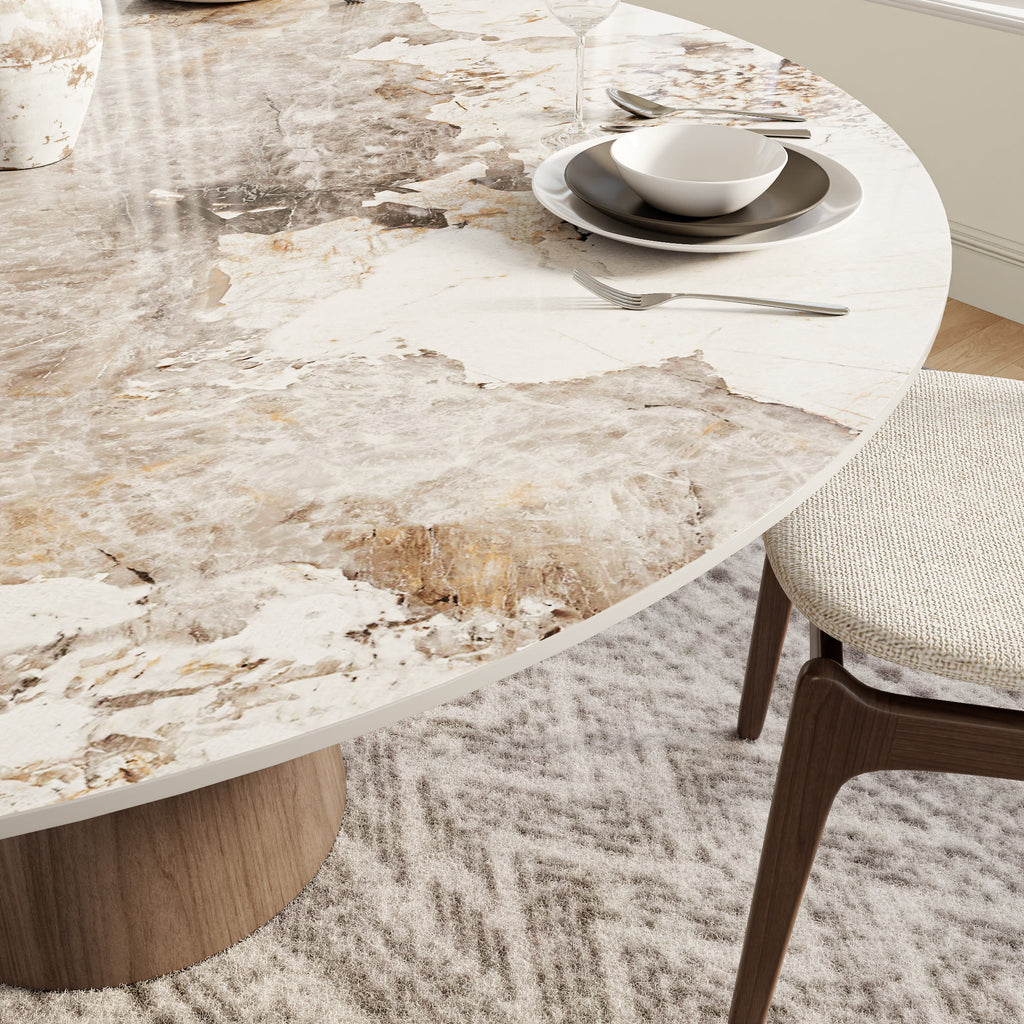 Soluna Dark Walnut Round Solid Wood Pedestal Dining Table with Snow White & Pandora Stone Top - image 10