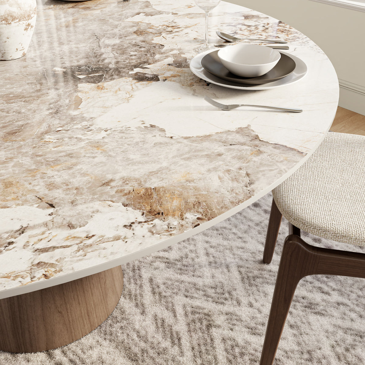 Soluna Dark Walnut Round Solid Wood Pedestal Dining Table with Snow White & Pandora Stone Top - image 10