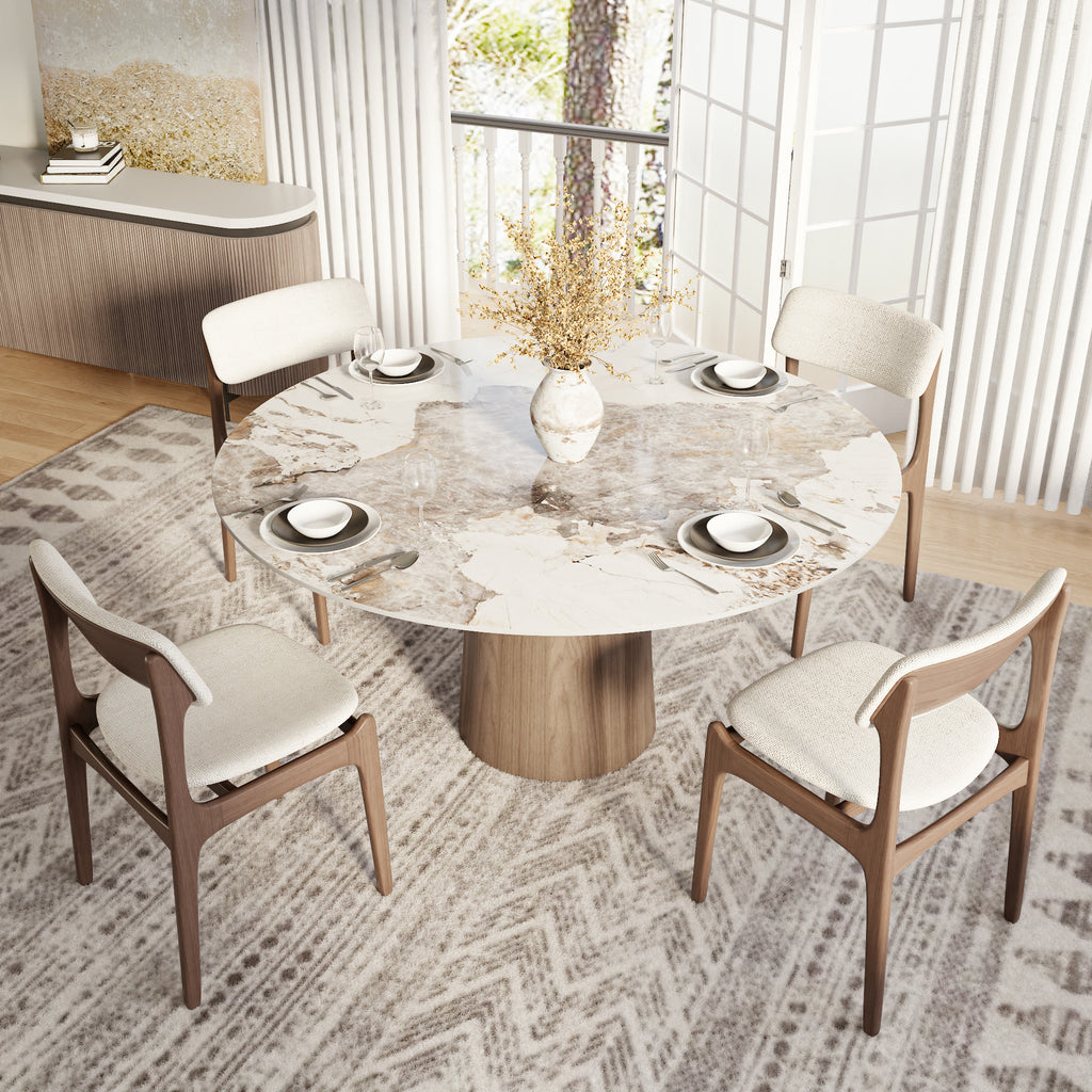 Soluna Dark Walnut Round Solid Wood Pedestal Dining Table with Snow White & Pandora Stone Top - image 13