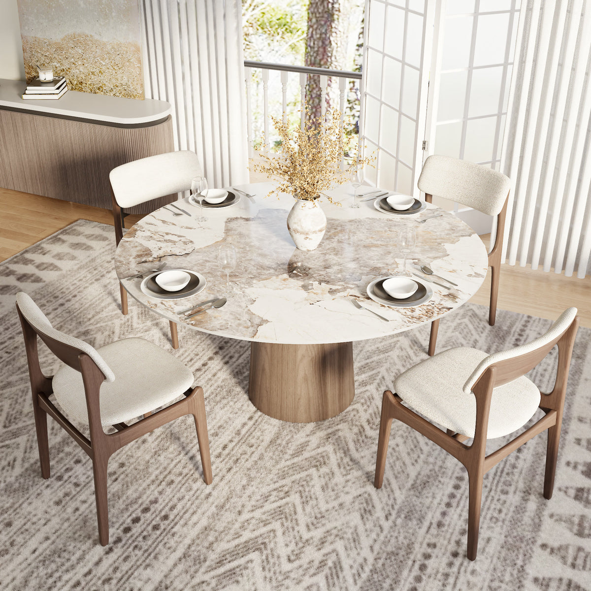 Soluna Dark Walnut Round Solid Wood Pedestal Dining Table with Snow White & Pandora Stone Top - image 13