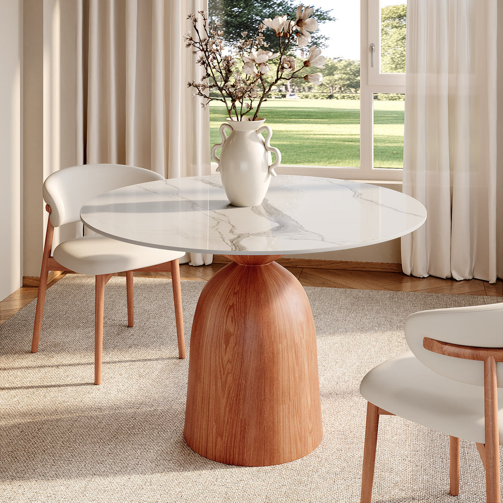 Soluna Walnut Solid Wood Pedestal Round Dining Table with Pandora & Snowy White Stone Top - image 8
