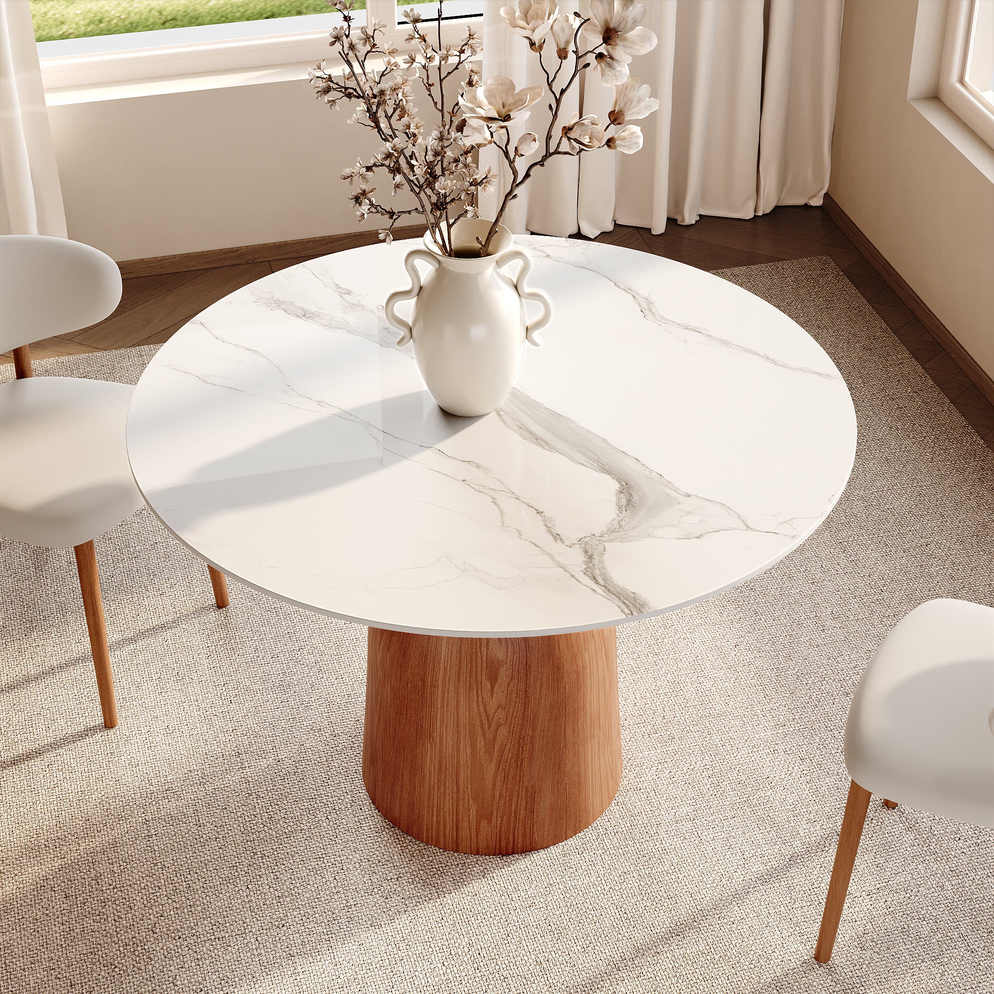 Soluna Walnut Solid Wood Pedestal Round Dining Table with Pandora & Snowy White Stone Top - image 10
