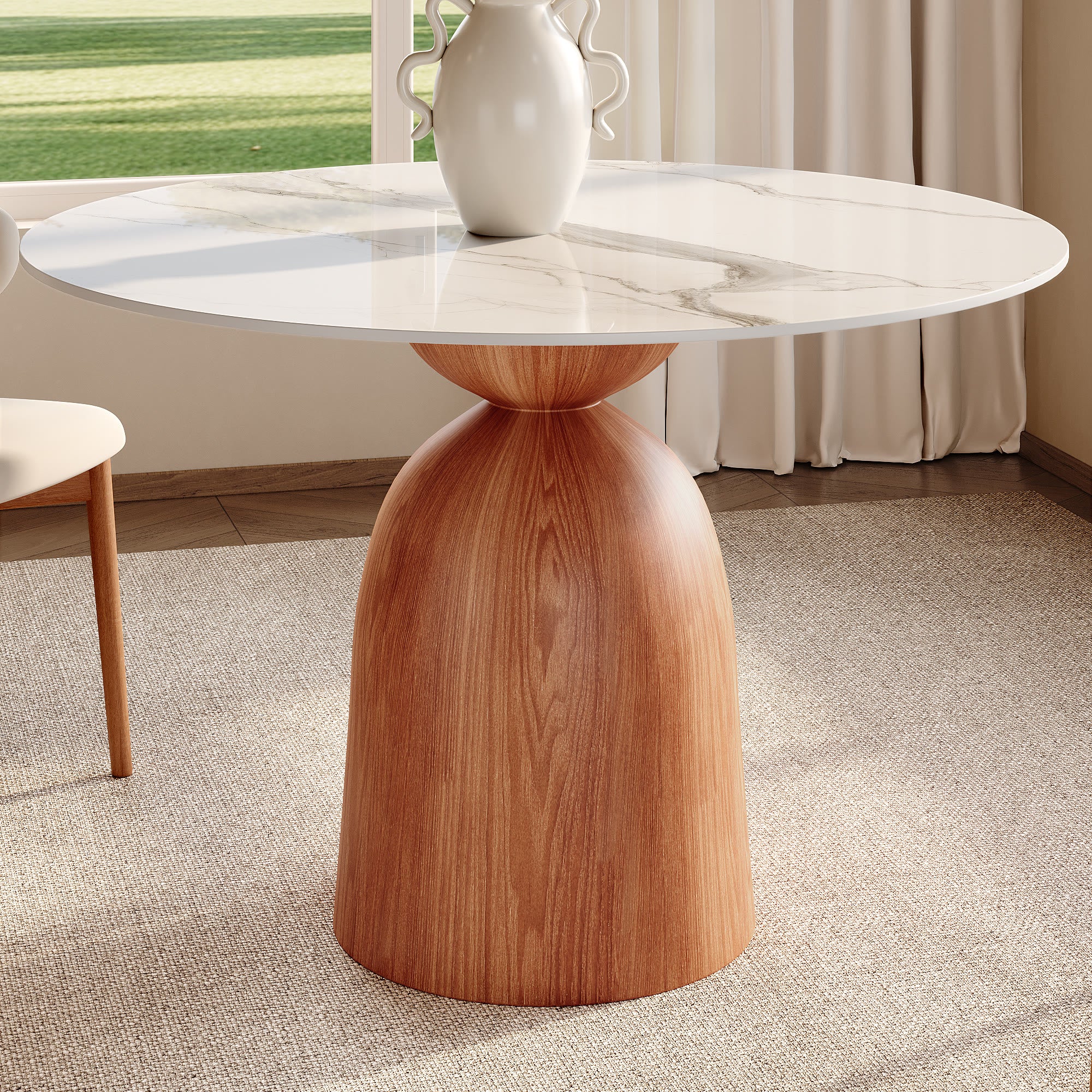 Soluna Walnut Solid Wood Pedestal Round Dining Table with Pandora & Snowy White Stone Top - 43.31'' W X 43.31'' D X 29.53'' H - Snowy White - image 7