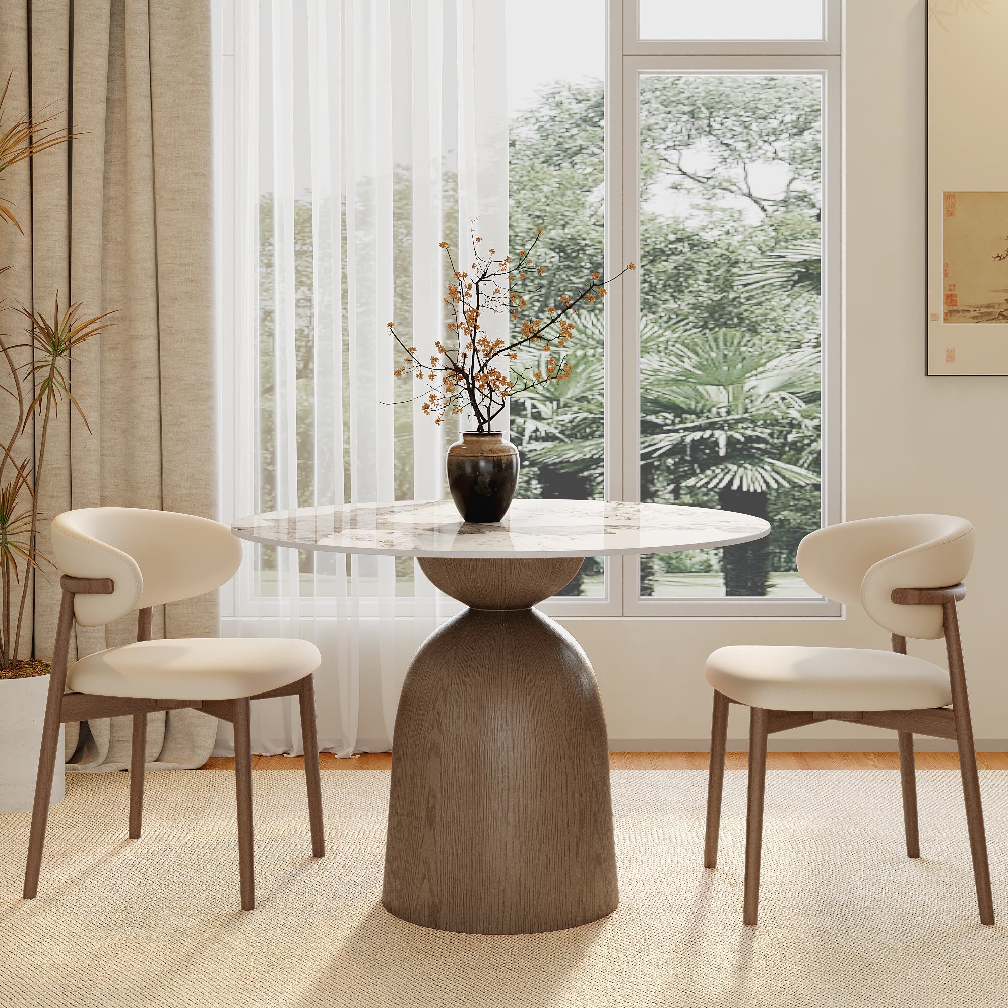 Soluna Dark Walnut Solid Wood Pedestal Round Dining Table with Snow White & Pandora Stone Top - image 9