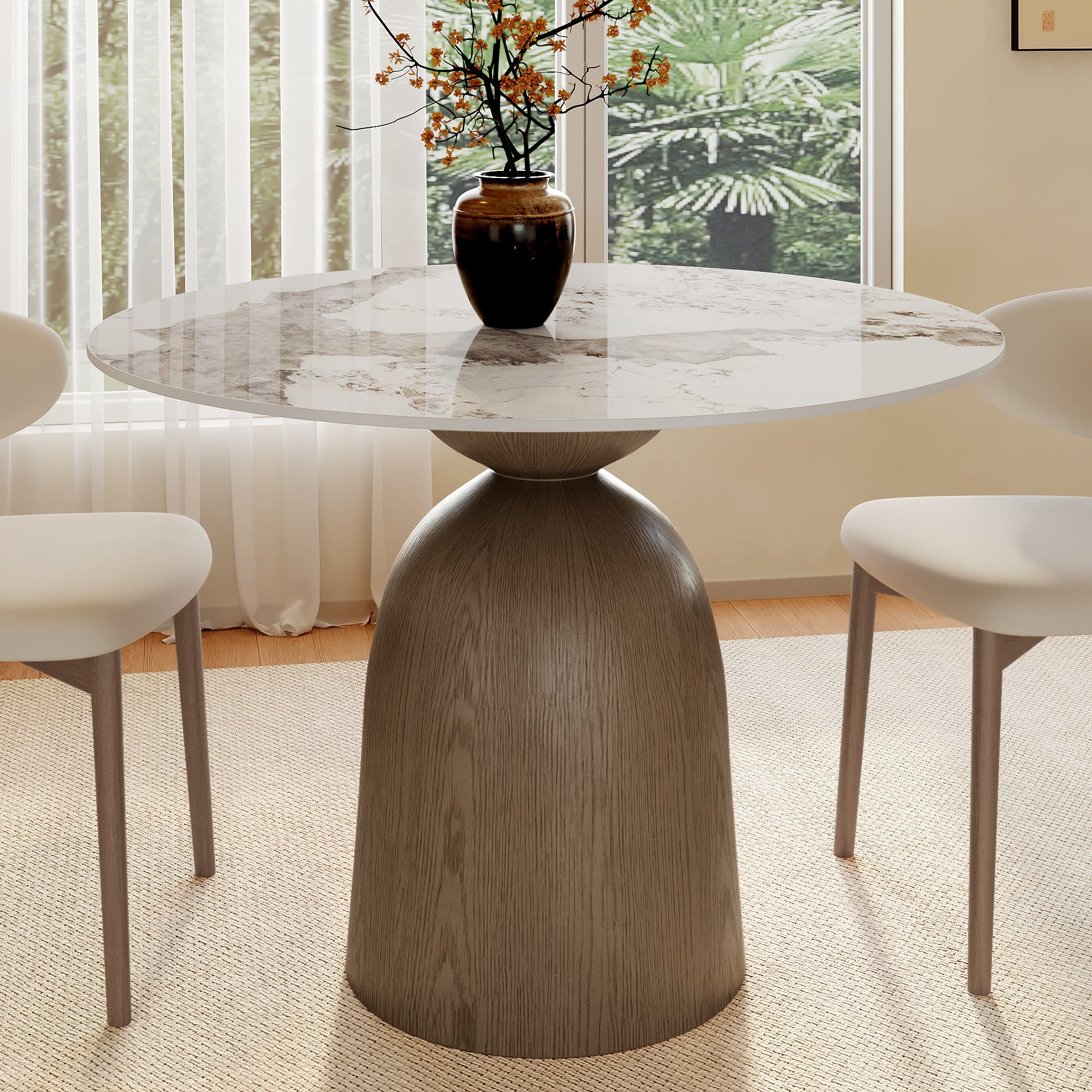 Soluna Dark Walnut Solid Wood Pedestal Round Dining Table with Snow White & Pandora Stone Top - 43.31'' W X 43.31'' D X 29.53'' H - Pandora - image 7