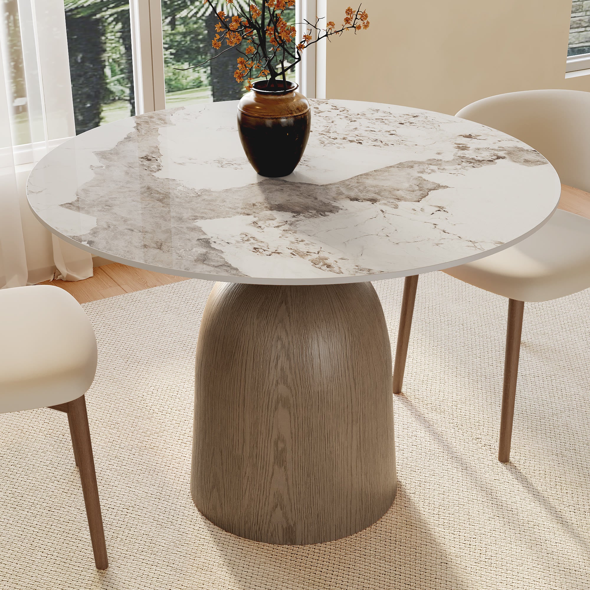 Soluna Dark Walnut Solid Wood Pedestal Round Dining Table with Snow White & Pandora Stone Top - image 10