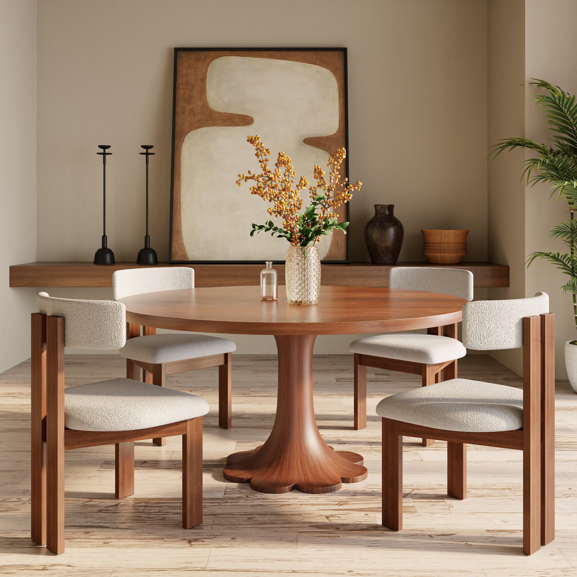 Liora Farmhouse-Style Red Walnut Floral-shape Solid Wood Pedestal Round Dining Table  - image 23