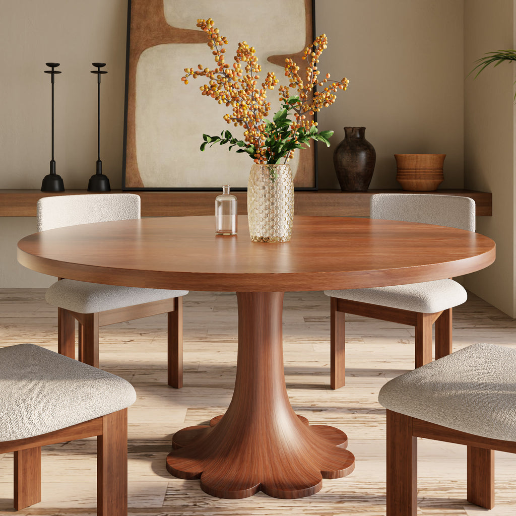 Liora Farmhouse-Style Red Walnut Floral-shape Solid Wood Pedestal Round Dining Table  - Wanlut - without Lazy Susan - 59" Table - image 22