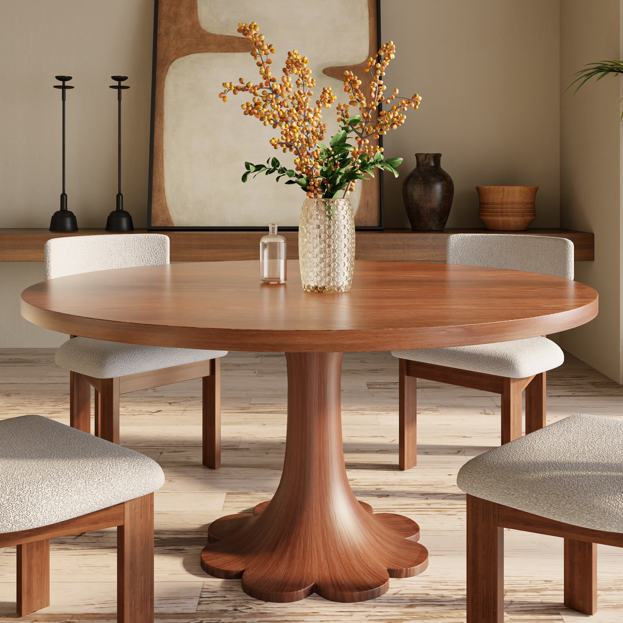 Liora Farmhouse-Style Red Walnut Floral-shape Solid Wood Pedestal Round Dining Table  - Wanlut - without Lazy Susan - 59" Table - image 22