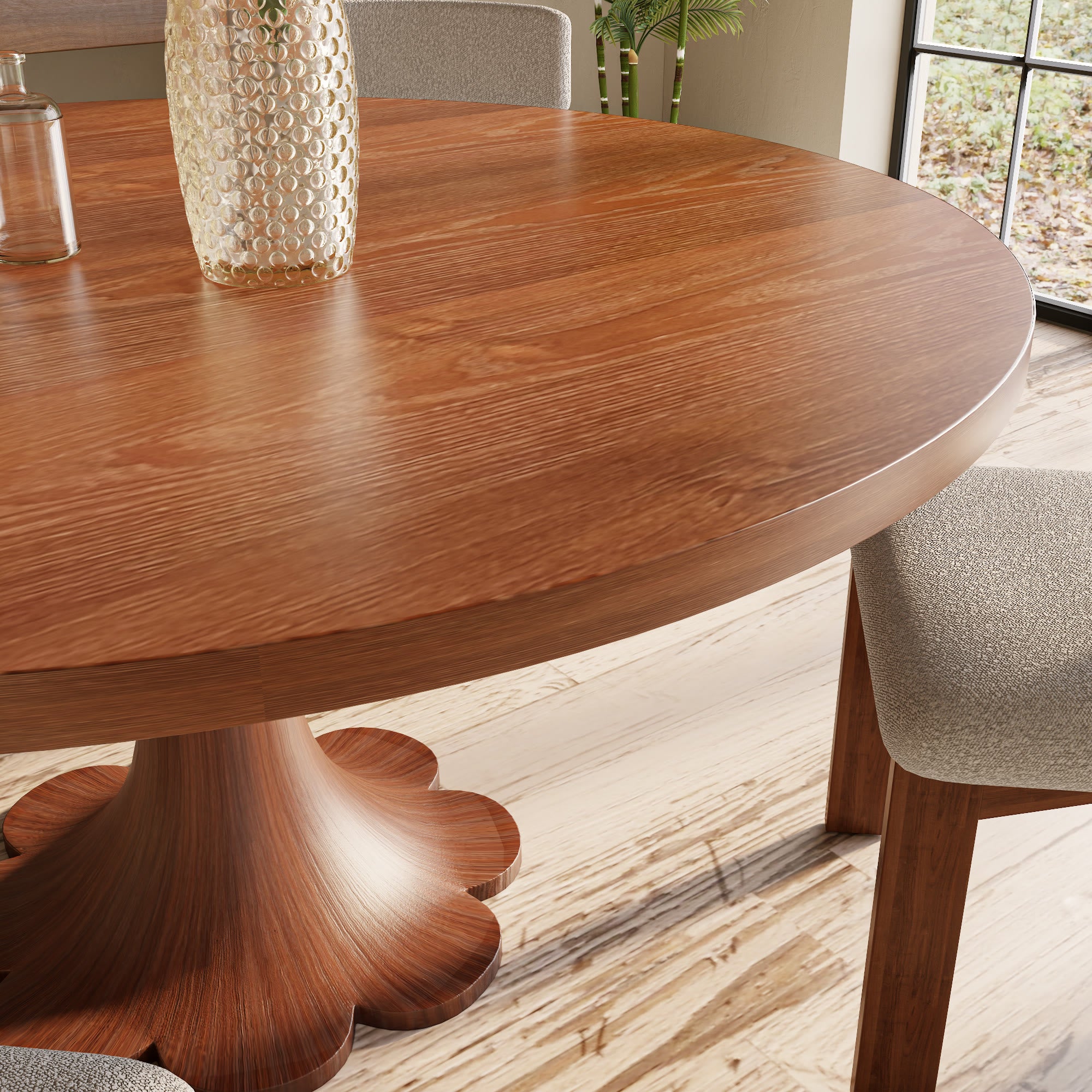 Liora Farmhouse-Style Red Walnut Floral-shape Solid Wood Pedestal Round Dining Table  - image 25