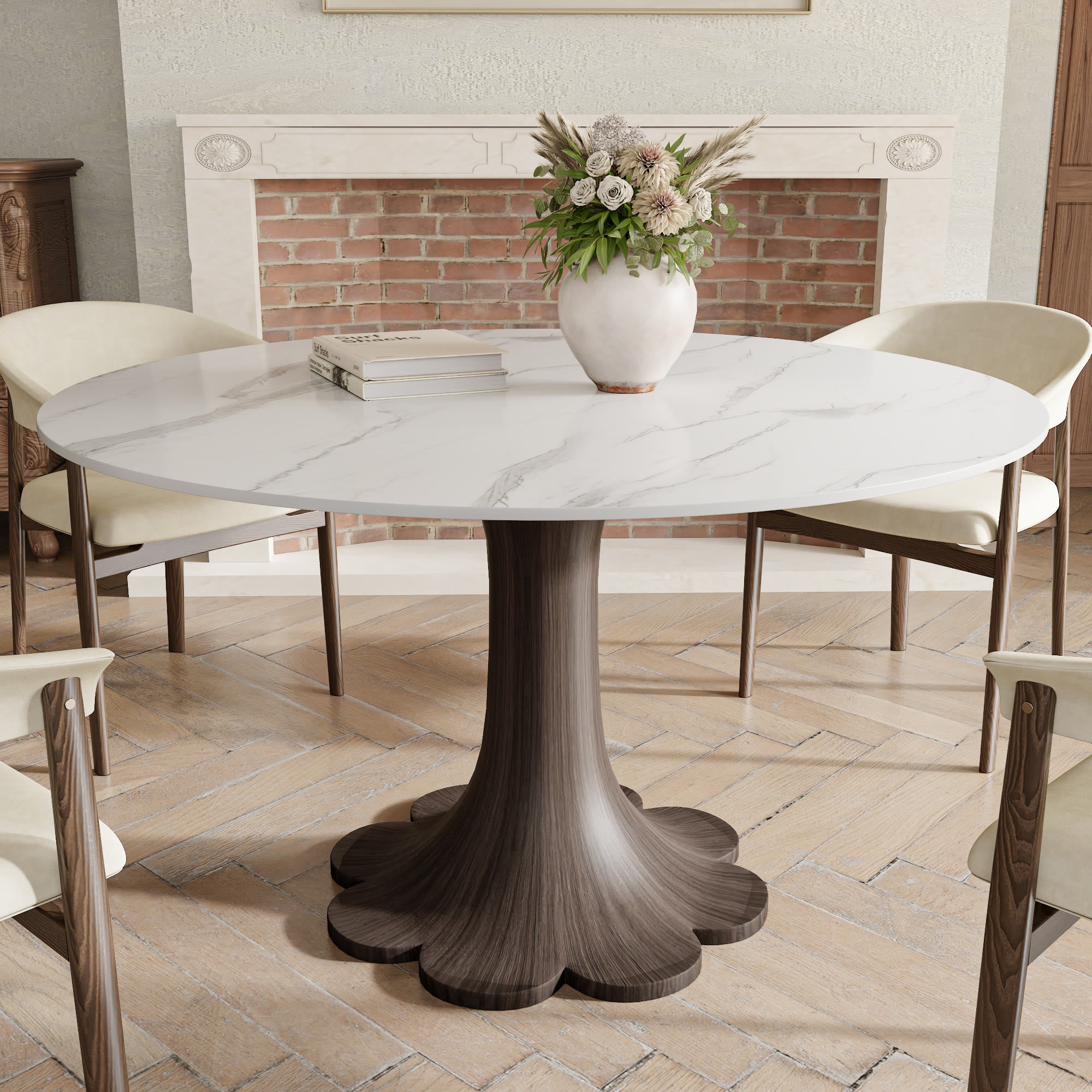 Liora Dark Walnut Solid Wood Pedestal Round Dining Table with Ink-Veined Stone Top - 43.31'' W X 43.31'' D X 29.53'' H - Snowy White - image 8