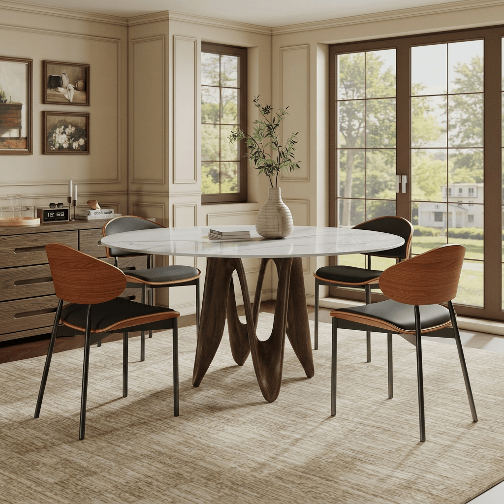 Modern Round Sintered Stone Dining Table with Unique Twisted Solid Wood Base - image 1
