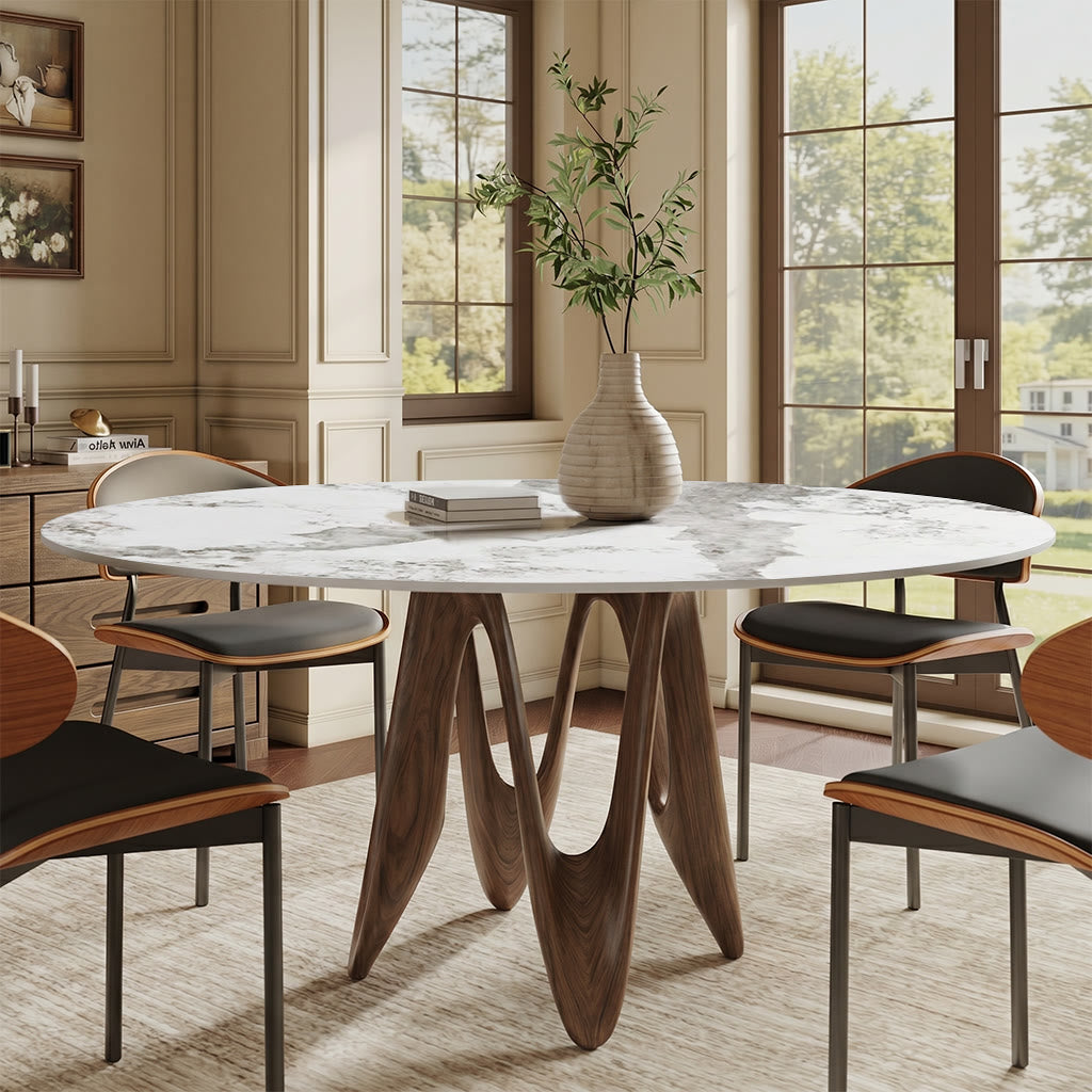 Modern Round Sintered Stone Dining Table with Unique Twisted Solid Wood Base - Pandora - 63"Table - image 2