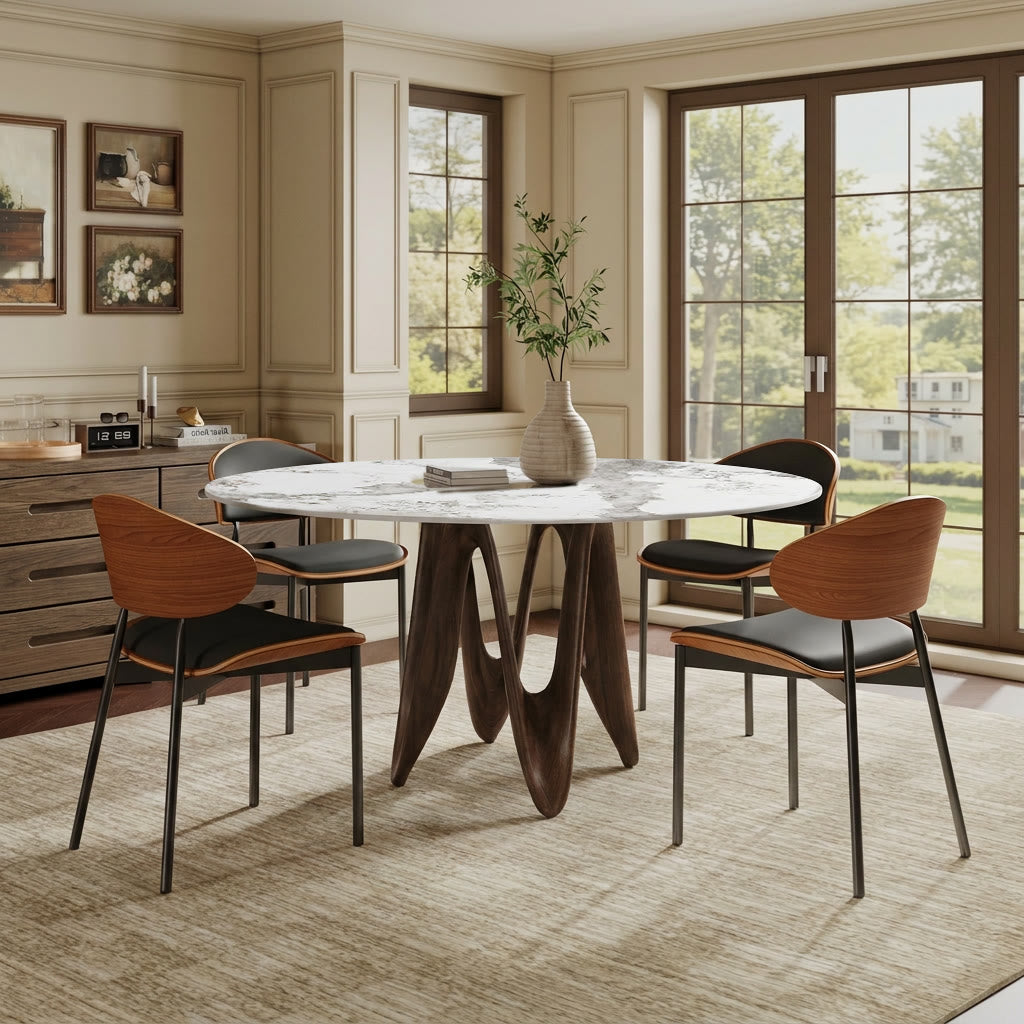 Modern Round Sintered Stone Dining Table with Unique Twisted Solid Wood Base - image 3