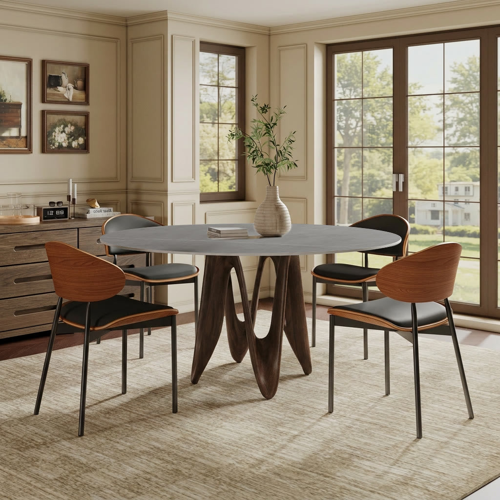 Modern Round Sintered Stone Dining Table with Unique Twisted Solid Wood Base - image 7