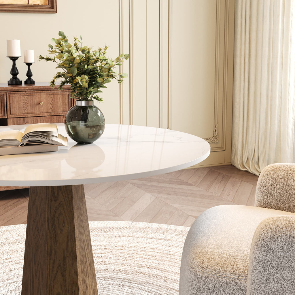 Round  Dining Table: Mid-Century Modern Pedestal Table with Solid Wood Base & Sintered Stone Top - image 1