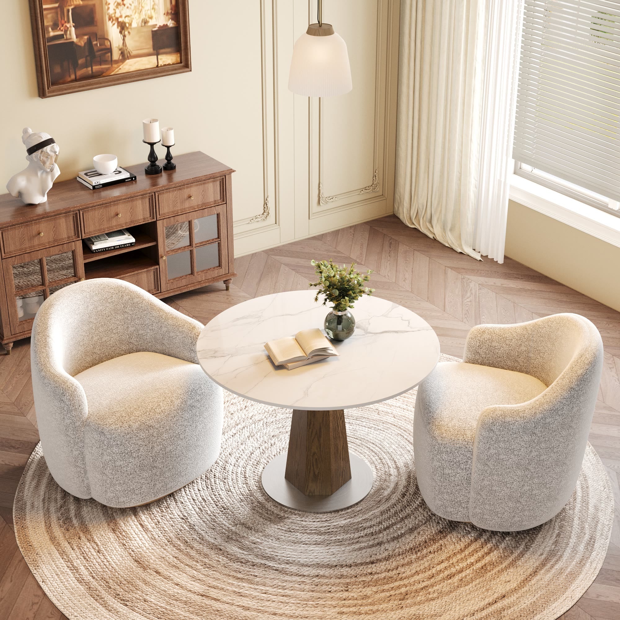 Round  Dining Table: Mid-Century Modern Pedestal Table with Solid Wood Base & Sintered Stone Top - image 2