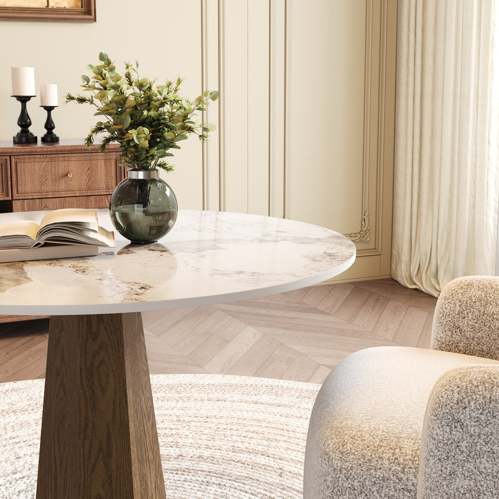 Round  Dining Table: Mid-Century Modern Pedestal Table with Solid Wood Base & Sintered Stone Top - image 4