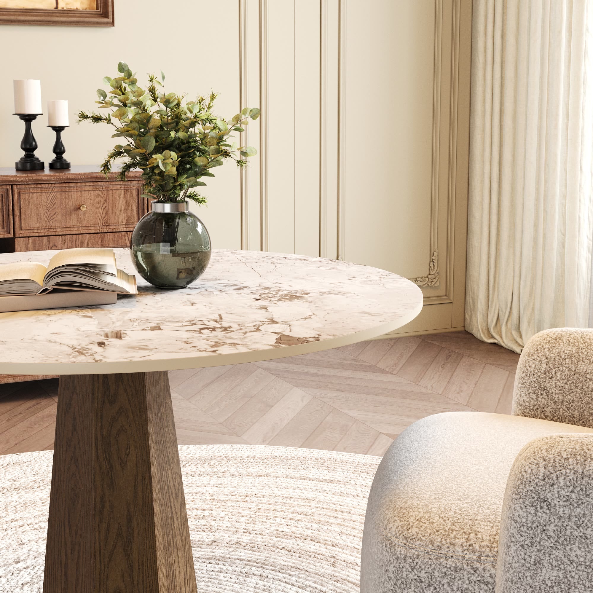 Round  Dining Table: Mid-Century Modern Pedestal Table with Solid Wood Base & Sintered Stone Top - image 7