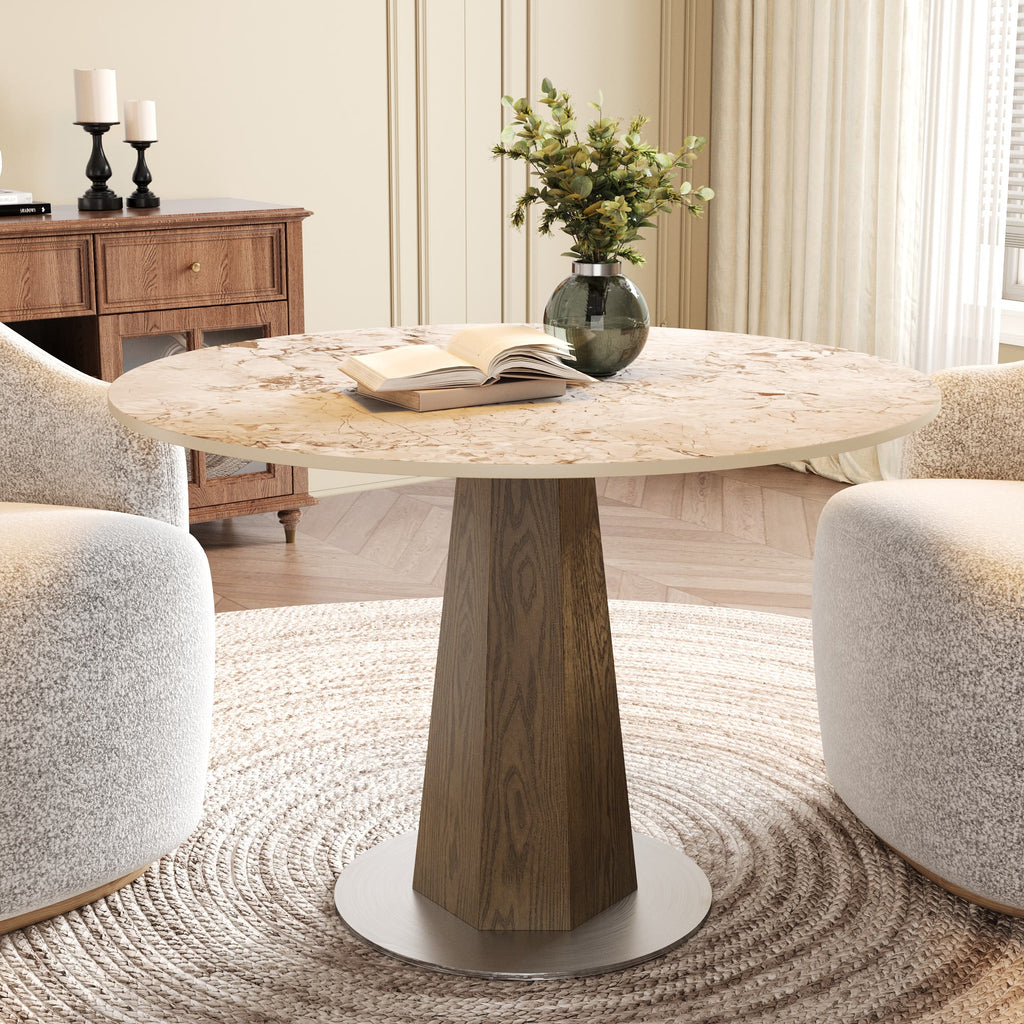 Round  Dining Table: Mid-Century Modern Pedestal Table with Solid Wood Base & Sintered Stone Top - Creamy - 43" Table - image 6