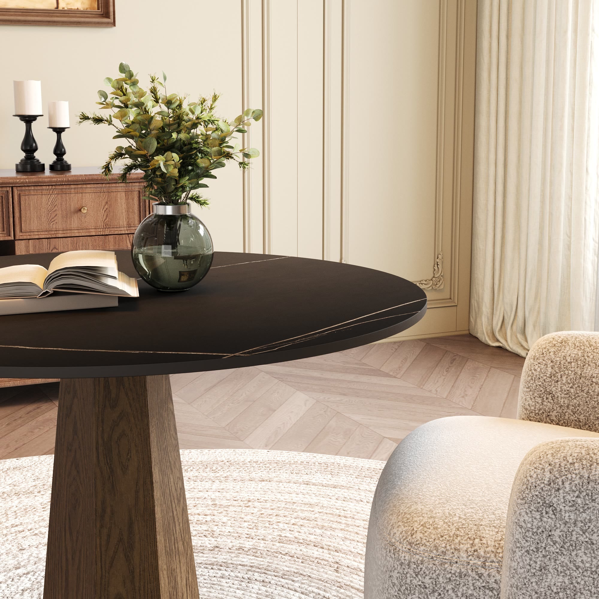 Round  Dining Table: Mid-Century Modern Pedestal Table with Solid Wood Base & Sintered Stone Top - image 10