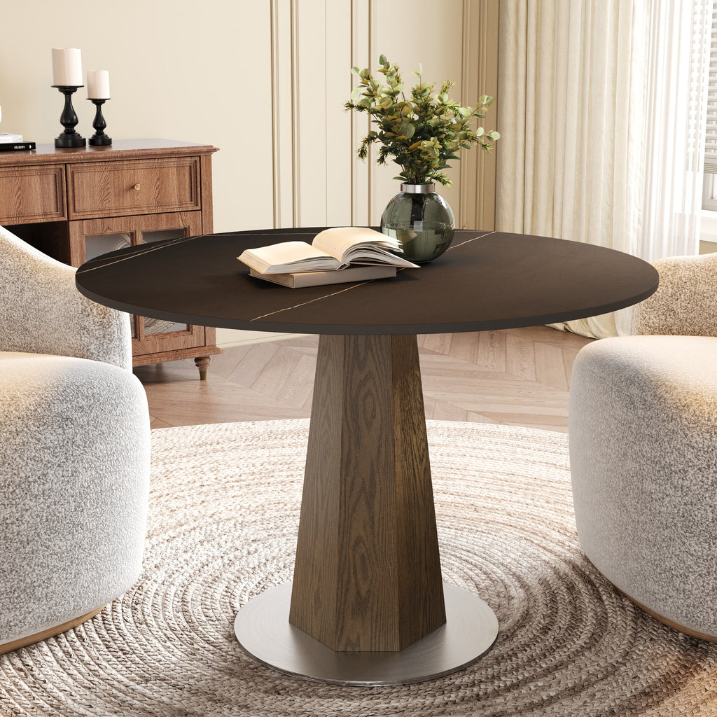 Round  Dining Table: Mid-Century Modern Pedestal Table with Solid Wood Base & Sintered Stone Top - Black - 43" Table - image 9