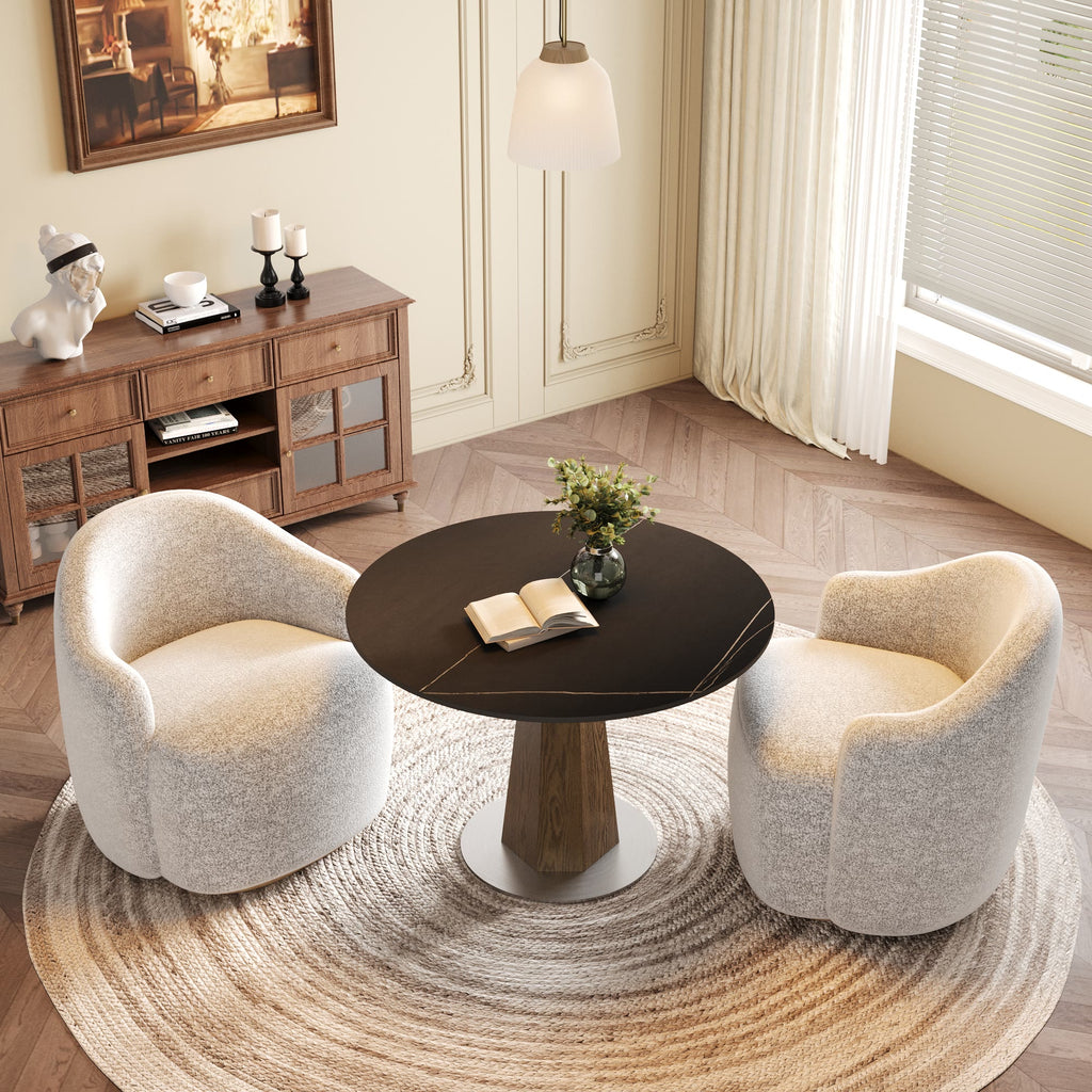 Round  Dining Table: Mid-Century Modern Pedestal Table with Solid Wood Base & Sintered Stone Top - image 11