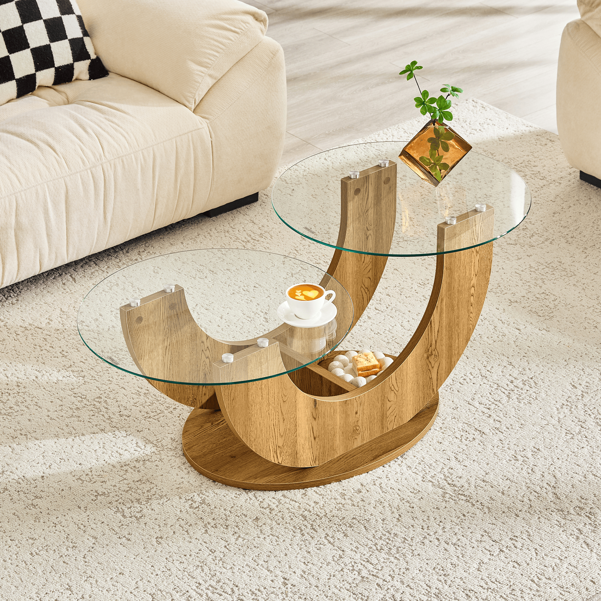 Creative U-Shaped Double-Tier Glass Coffee Table - image 2