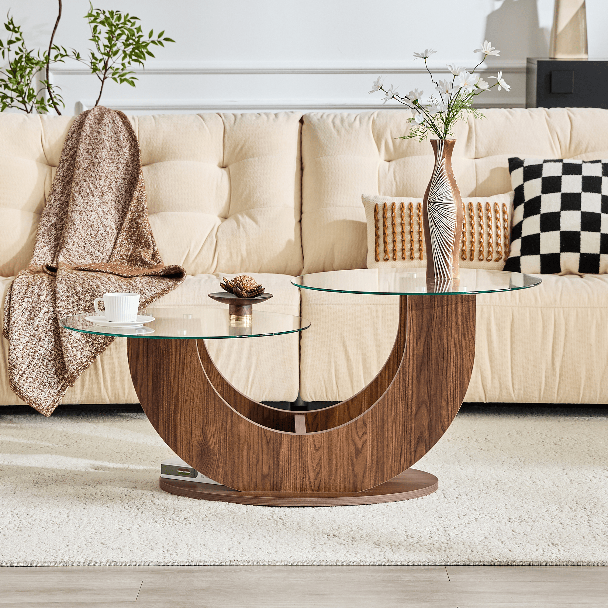 Creative U-Shaped Double-Tier Glass Coffee Table - Walnut - image 8