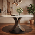 Mid-Century Round Dining Table With Sintered Stone Top & Solid Wood Splayed Leg Base For 2-8 - Snowy White - 63"Table - image 0