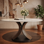 Mid-Century Round Dining Table With Sintered Stone Top & Solid Wood Splayed Leg Base For 2-8 - Snowy White - 63"Table - image 0
