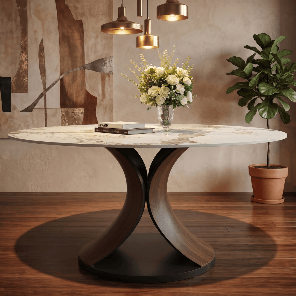 Mid-Century Round Dining Table With Sintered Stone Top & Solid Wood Splayed Leg Base For 2-8 - Pandora - 63"Table - image 6