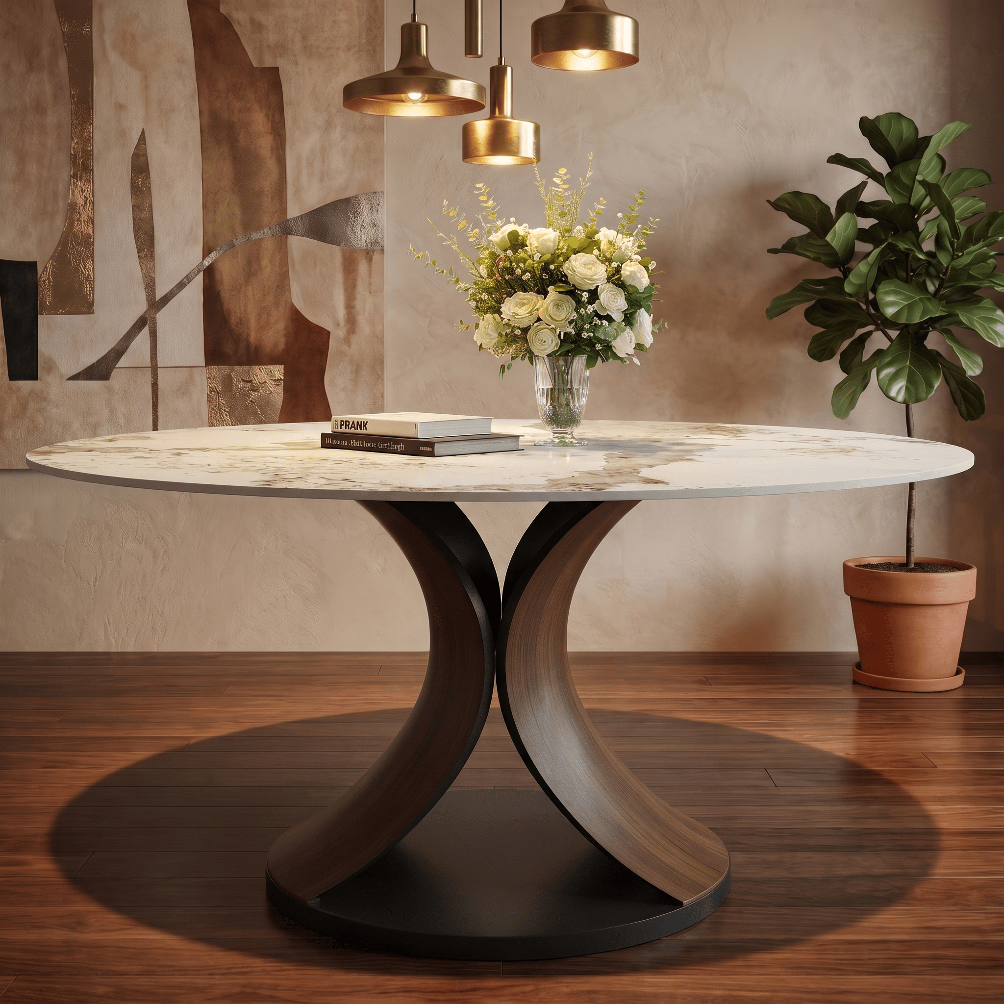 Mid-Century Round Dining Table With Sintered Stone Top & Solid Wood Splayed Leg Base For 2-8 - Pandora - 63"Table - image 6