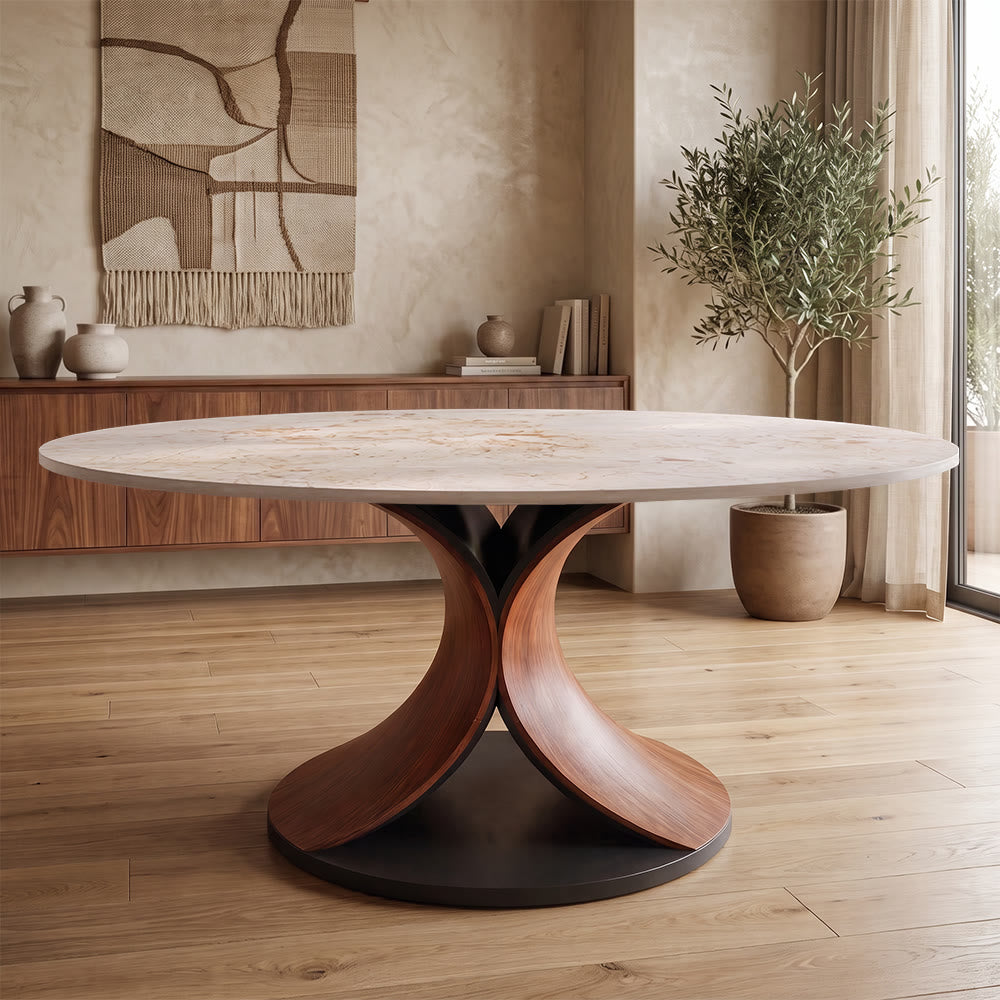 Mid-Century Round Stone Dining Table Solid Wood Splayed Leg Base For 4-10 - Creamy - 63"Table - image 2