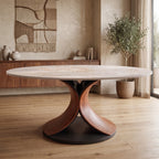 Mid-Century Round Stone Dining Table Solid Wood Splayed Leg Base For 4-10 - Creamy - 63"Table - image 2