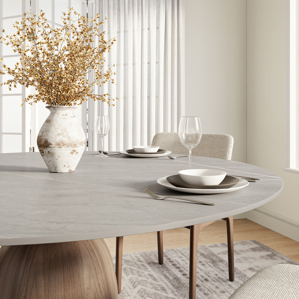 Soluna Dark Walnut Round Solid Wood Pedestal Dining Table with Snow White & Pandora Stone Top - image 21
