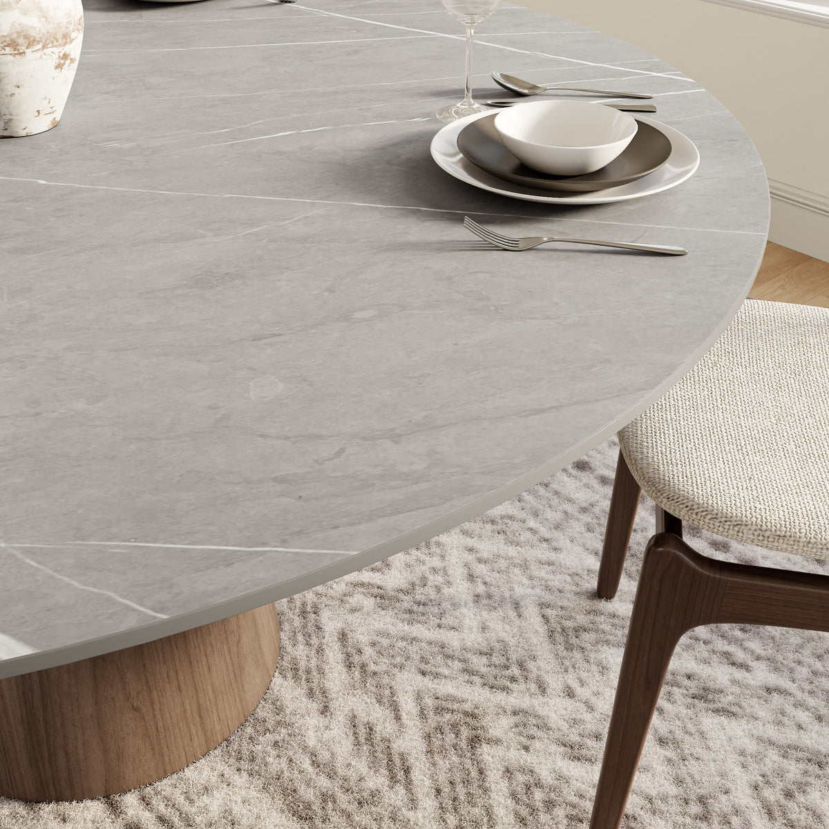 Soluna Dark Walnut Round Solid Wood Pedestal Dining Table with Snow White & Pandora Stone Top - image 22