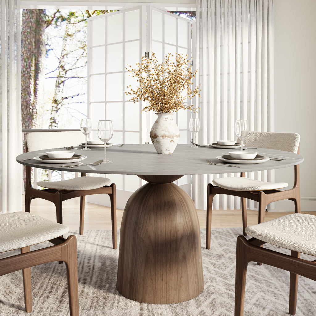 Soluna Dark Walnut Round Solid Wood Pedestal Dining Table with Snow White & Pandora Stone Top - 59.05'' W X 59.05'' D X 29.53'' H - Gray - image 18